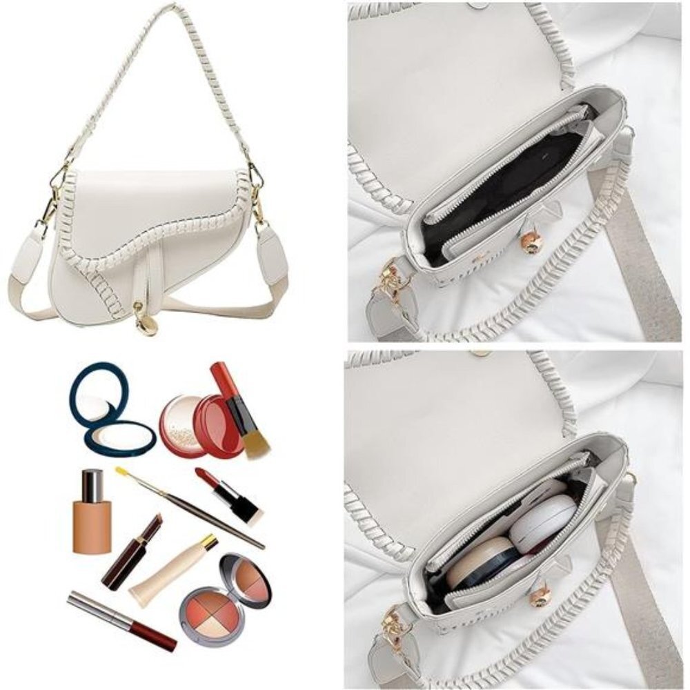 White Braided Faux Leather Mini Saddle Purse Shoulder Mini Crossbody Bag Handbag - Picture 5 of 7